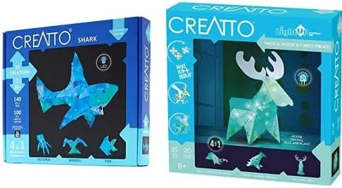 Thames & Kosmos Creatto Light-Up 3D Puzzles 2-Pack Bundle | Shimmer Shark & Magical Moose | Make Your Own Illuminated Craft Creations | DIY Activity Kit & LED Lights
