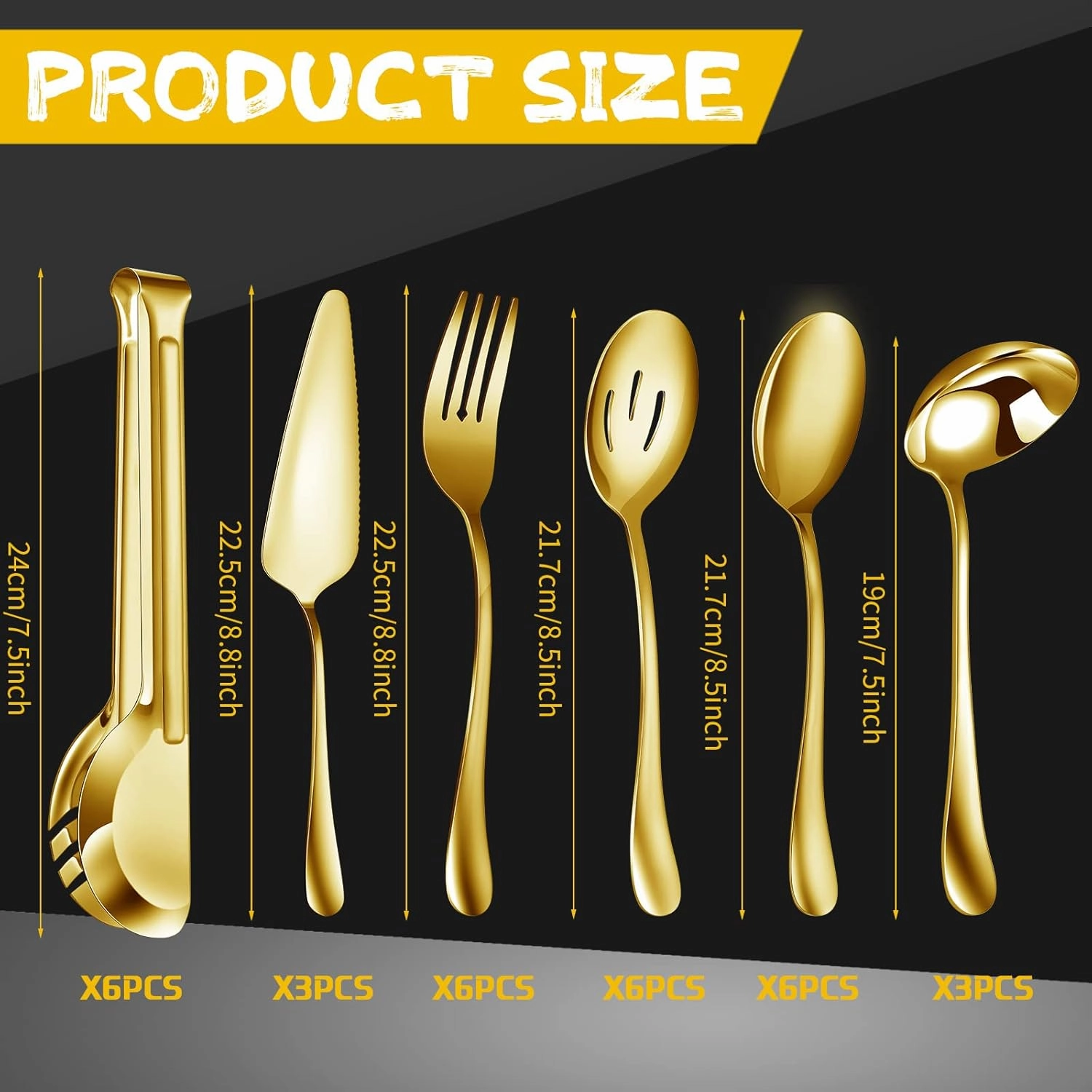 Thenshop 30 Pcs Stainless Steel Serving Utensils Set Flatware Set Include Large Serving Spoons Slotted Spoons Forks Soup Ladle Pie Server and Tongs for Buffet Party(Gold)