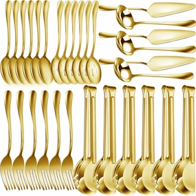 Thenshop 30 Pcs Stainless Steel Serving Utensils Set Flatware Set Include Large Serving Spoons Slotted Spoons Forks Soup Ladle Pie Server and Tongs for Buffet Party(Gold)