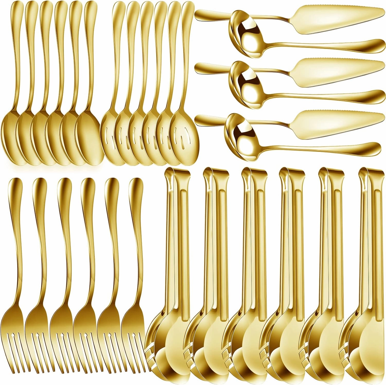 Thenshop 30 Pcs Stainless Steel Serving Utensils Set Flatware Set Include Large Serving Spoons Slotted Spoons Forks Soup Ladle Pie Server and Tongs for Buffet Party(Gold)