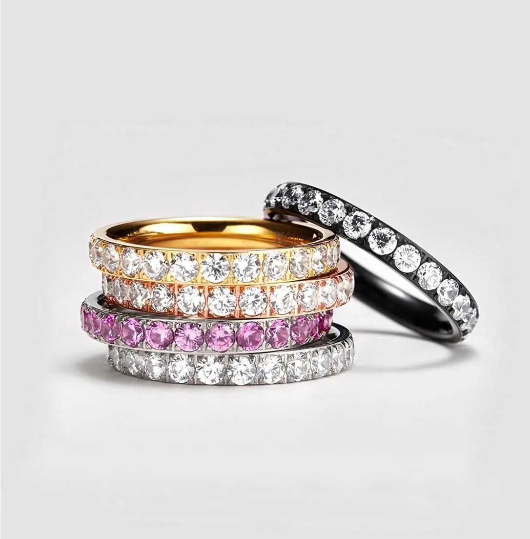 TIGRADE 3mm Women Titanium Engagement Ring Cubic Zirconia Eternity Wedding Band Size 3-13.5