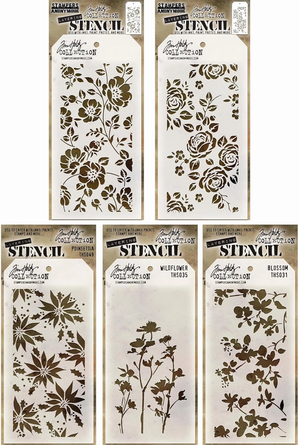Tim Holtz - Stencils Set 10 ("Flowers") - Five Item Bundle - Roses, Floral, Blossom, Poinsettia, and Wildflower