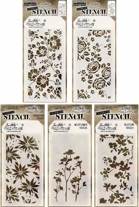 Tim Holtz - Stencils Set 10 ("Flowers") - Five Item Bundle - Roses, Floral, Blossom, Poinsettia, and Wildflower
