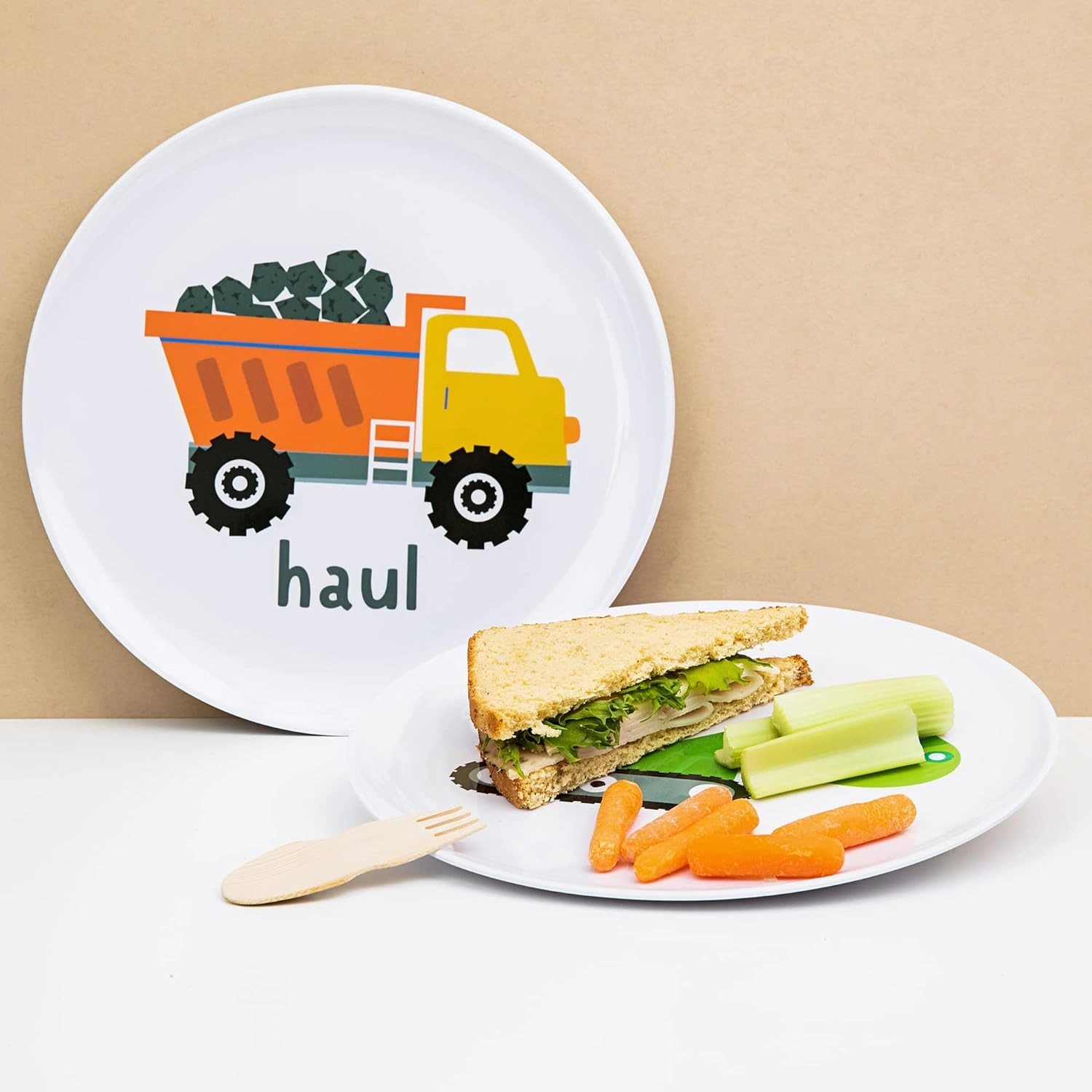 Tiny Expressions - Construction Plates for Toddlers - Set of 4 Melamine Plates for Kids - Excavator, Cement Mixer, Bulldozer, and Dump Truck - Fun Plastic Dinnerware for Kids