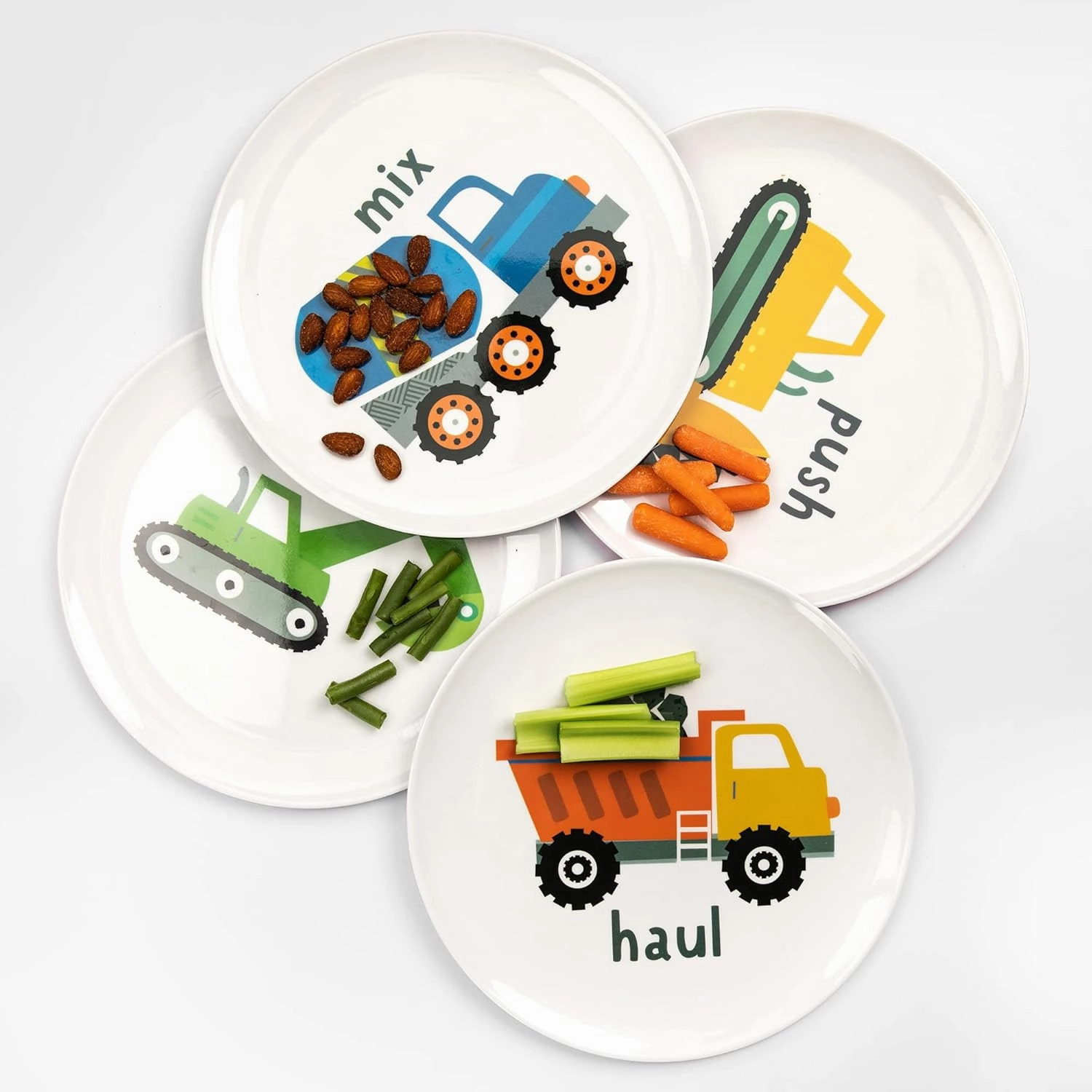 Tiny Expressions - Construction Plates for Toddlers - Set of 4 Melamine Plates for Kids - Excavator, Cement Mixer, Bulldozer, and Dump Truck - Fun Plastic Dinnerware for Kids