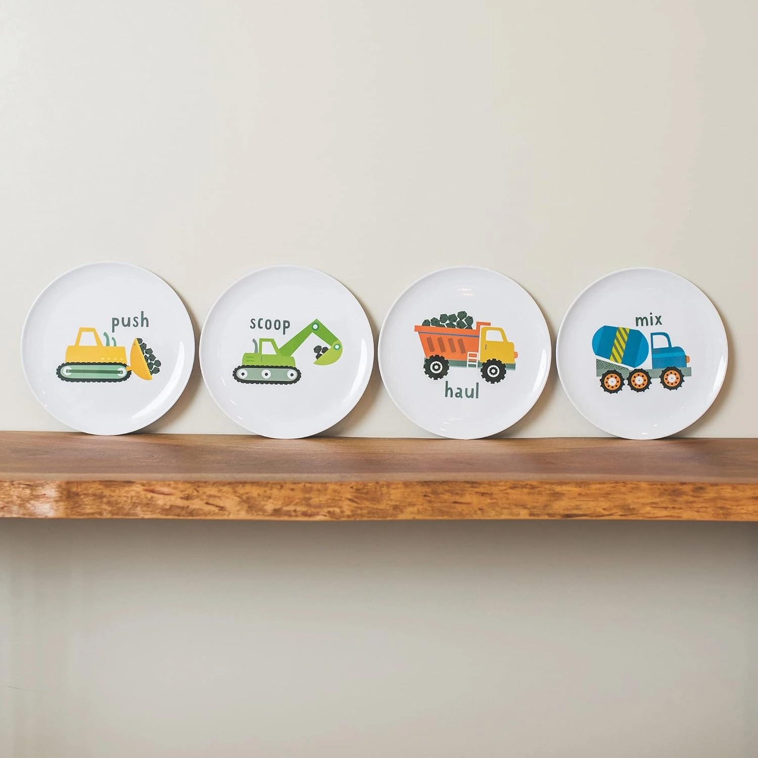 Tiny Expressions - Construction Plates for Toddlers - Set of 4 Melamine Plates for Kids - Excavator, Cement Mixer, Bulldozer, and Dump Truck - Fun Plastic Dinnerware for Kids