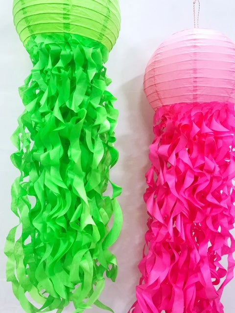 Tissue Tassel Jellyfish Lanterns, Lime Green and Hot Pink, Birthday Decor, Room Decor, Ceiling Install, Photo Backdrop
