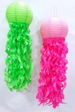 Tissue Tassel Jellyfish Lanterns, Lime Green and Hot Pink, Birthday Decor, Room Decor, Ceiling Install, Photo Backdrop