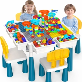 Toddlers Kids Table and Chair Set: Activity Table with 152Pcs Large Marble Run Building Blocks 4 Chairs Storage All in One Play Sensory Water Tables Sand Tables for Boys Girls 3-10 Year Old