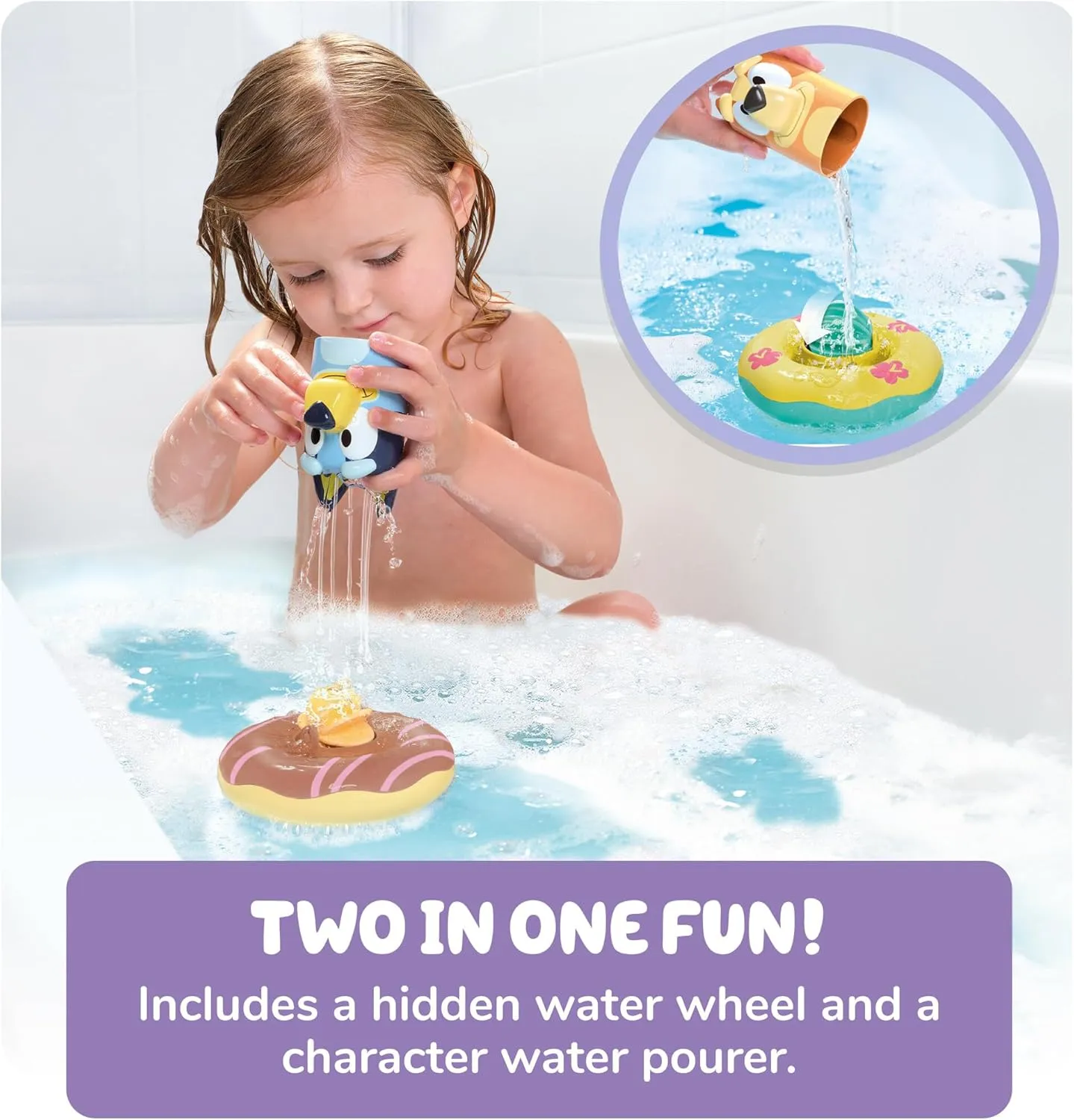 TOMY Toomies Splash & Float Bingo and Bluey Water Toys - 2-in-1 Toddler Bath Toys with Pour Cup and Water Wheel - Ages 18 Months and Up