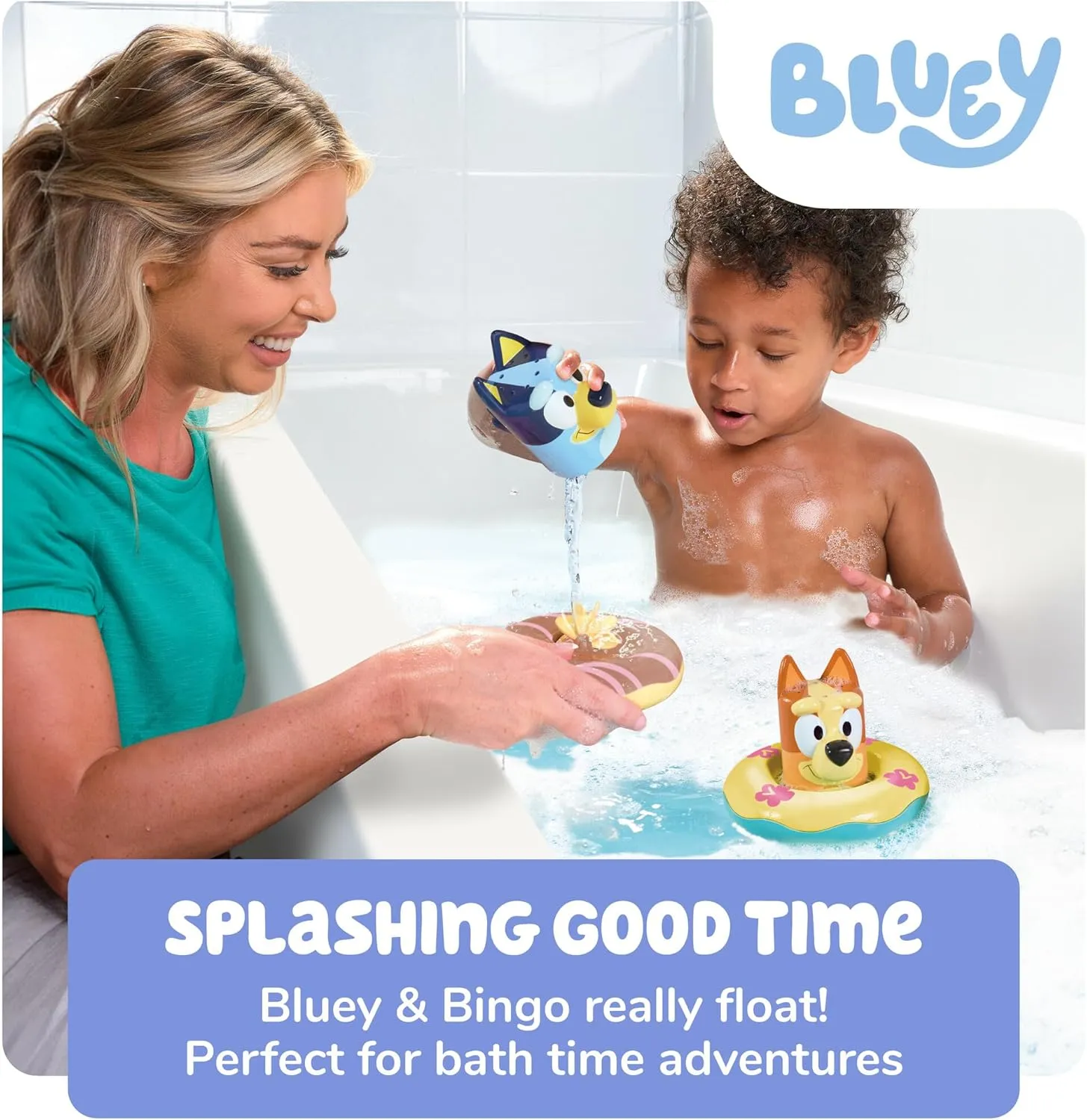 TOMY Toomies Splash & Float Bingo and Bluey Water Toys - 2-in-1 Toddler Bath Toys with Pour Cup and Water Wheel - Ages 18 Months and Up