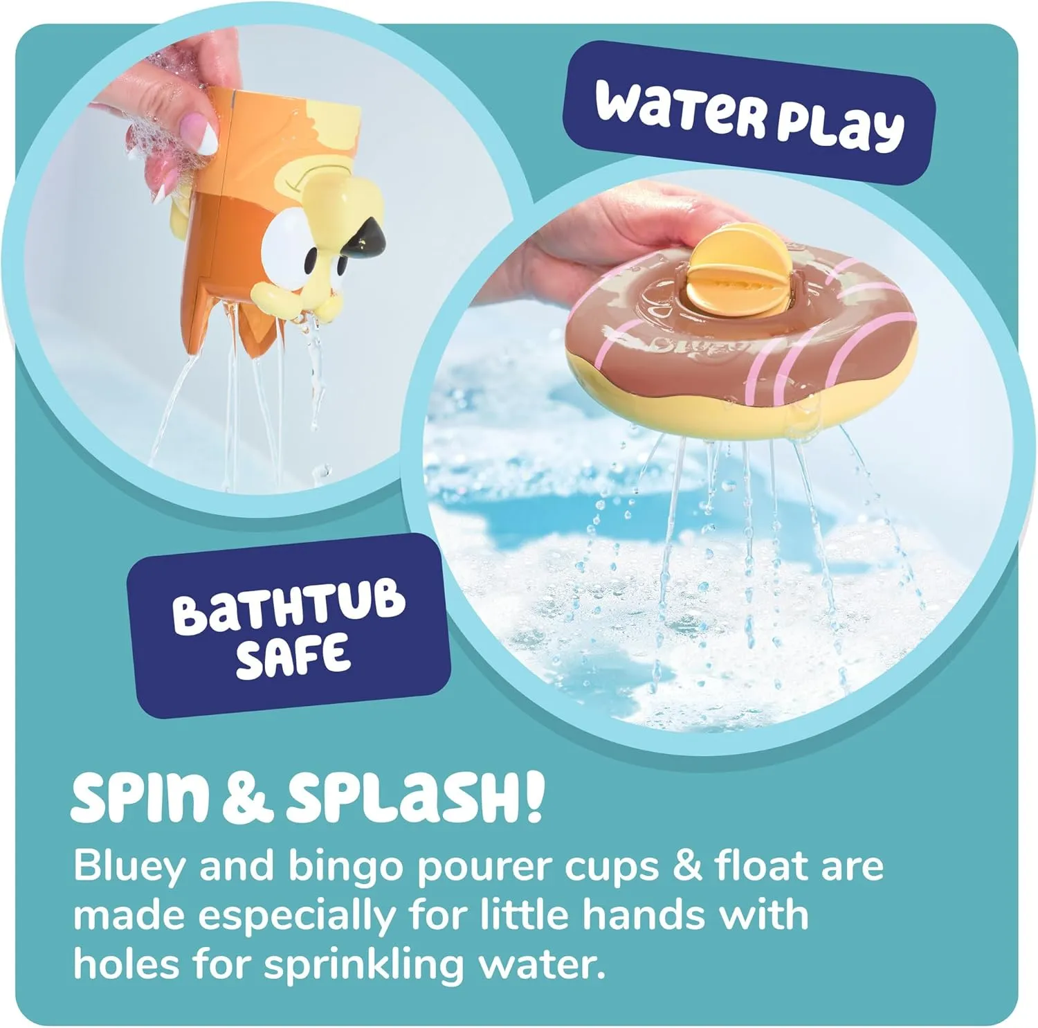 TOMY Toomies Splash & Float Bingo and Bluey Water Toys - 2-in-1 Toddler Bath Toys with Pour Cup and Water Wheel - Ages 18 Months and Up