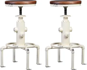 Topower Aged Antique Vintage Industrial Barstool Solid Wood Water Pipe Fire Hydrant Design Cafe Coffee Industrial Bar Stool Set of 2 Antique White