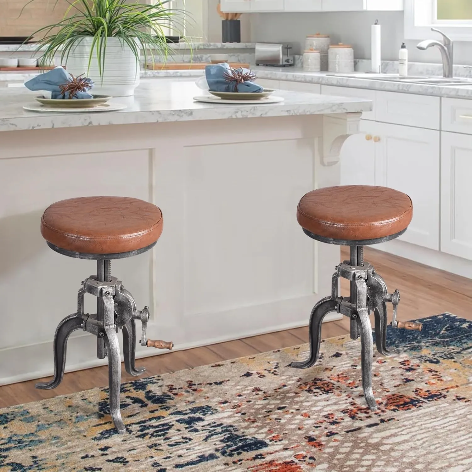 Topower Antique Industrial DIY Crank Stool Cast Iron Three-Legged Chair Bar Stool PU Leather Top