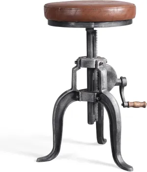 Topower Antique Industrial DIY Crank Stool Cast Iron Three-Legged Chair Bar Stool PU Leather Top