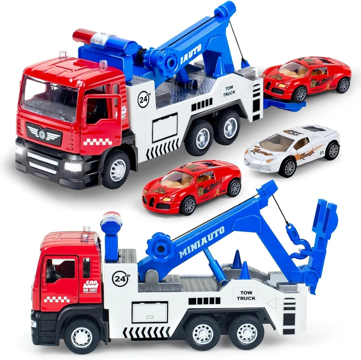 Tow Truck Toys with 2Pcs Mini Toy Cars Set- Pull Back Cars Vehicles with Lights and Sound Carrier Truck Toy, Metal Diecast Trailer Tow Truck Toys for Boys 3 4-7 8 9 Years Old