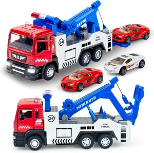 Tow Truck Toys with 2Pcs Mini Toy Cars Set- Pull Back Cars Vehicles with Lights and Sound Carrier Truck Toy, Metal Diecast Trailer Tow Truck Toys for Boys 3 4-7 8 9 Years Old