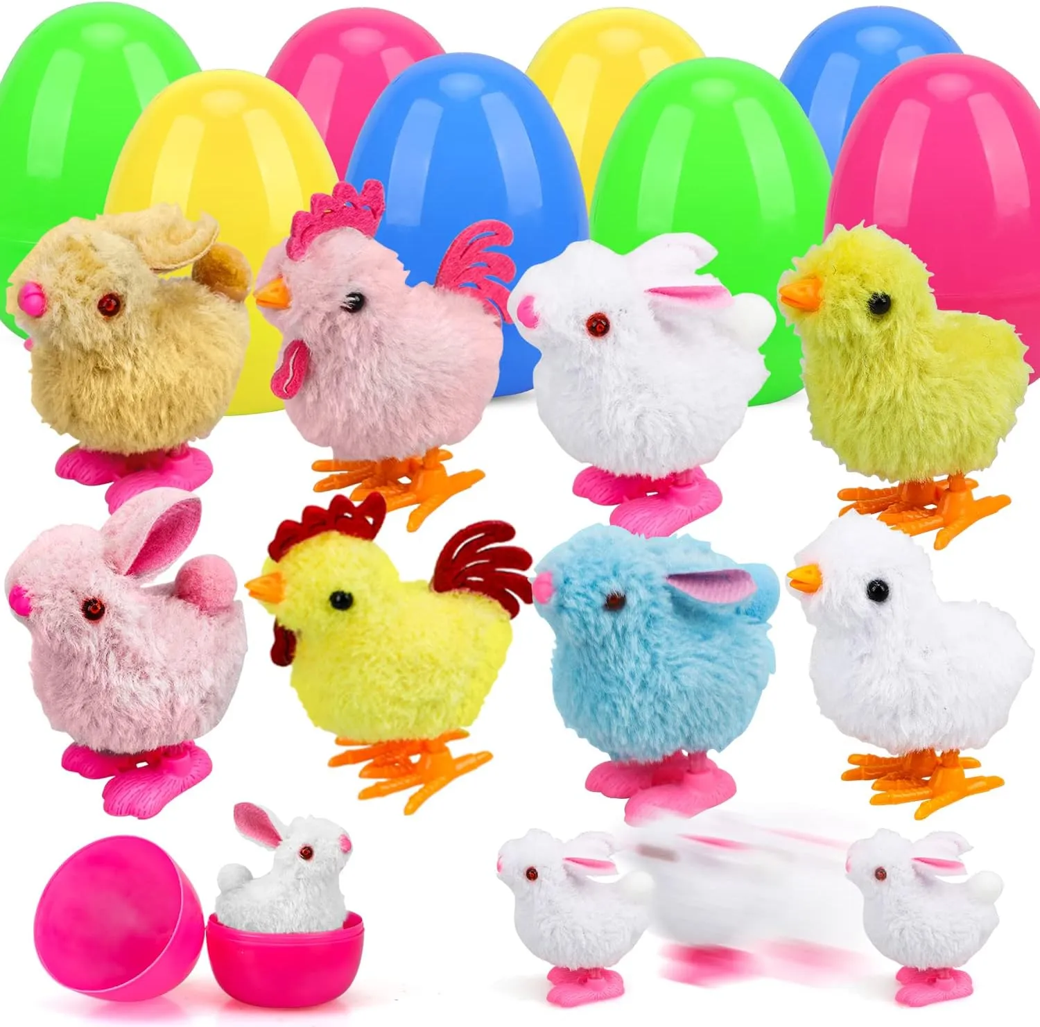 TOY Life Easter Eggs Fillers Filled with Toys Inside, Wind Up Chicks and Plush Bunnies, Easter Basket Stuffers for Kids, Toddlers, Prefilled Easter Eggs Wind Up Toys