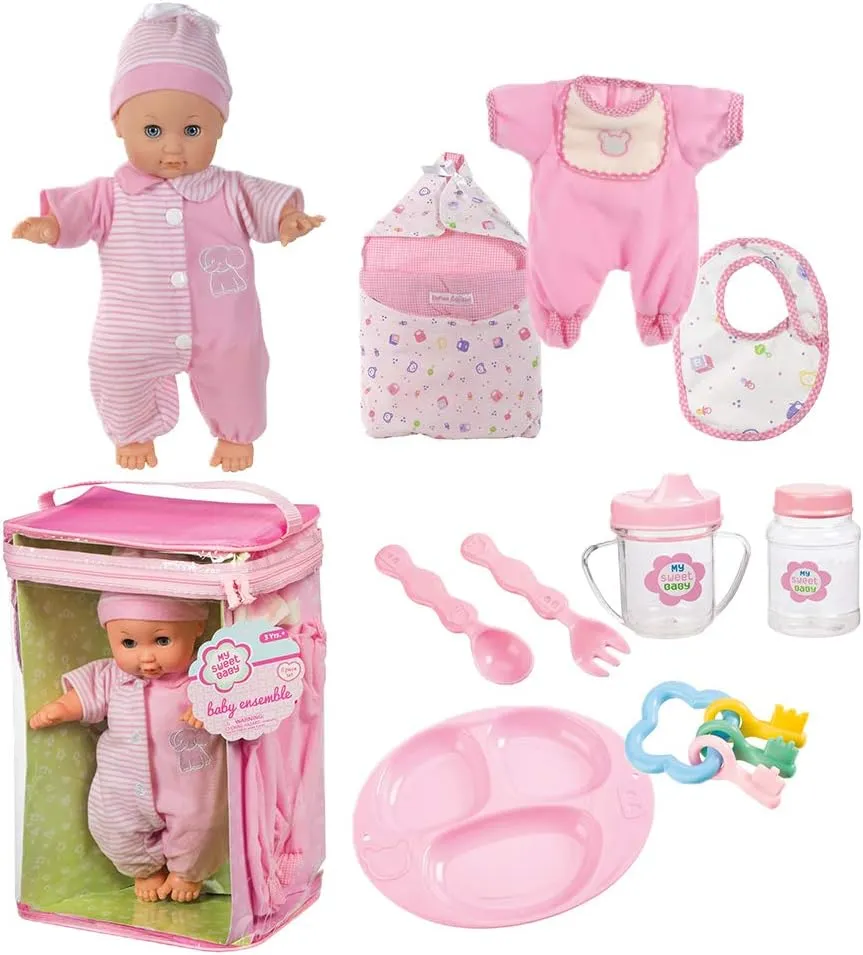 Toysmith Deluxe Baby Ensemble 12- Piece Doll Playset - 11 1/2" soft body doll with change of clothes (clothing may vary)