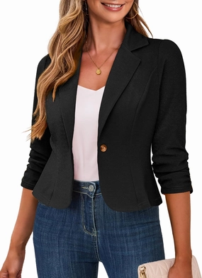 Traleubie Women's Cropped Blazers 3/4 Ruched Sleeve Lightweight Office Wear Short Blazer with Button, S-XL