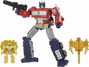Transformers Netflix War for Cybertron Trilogy Voyager Class Optimus Prime Battle 3-Pack with Enerax and Sheeldron