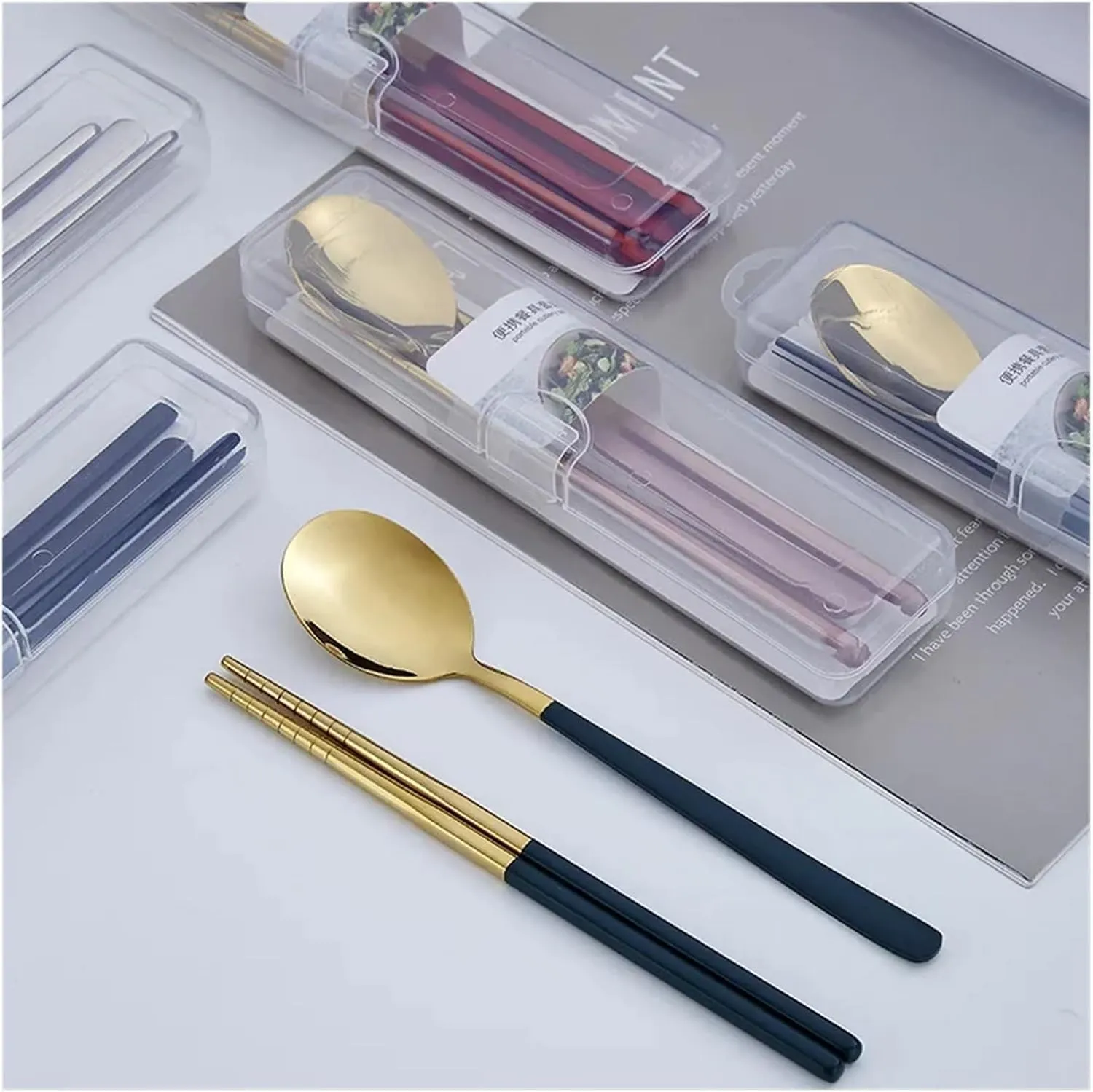 travel utensils 304 Stainless Steel Portable Tableware Set Chopsticks Spoon Outdoor Single Tableware(Black)