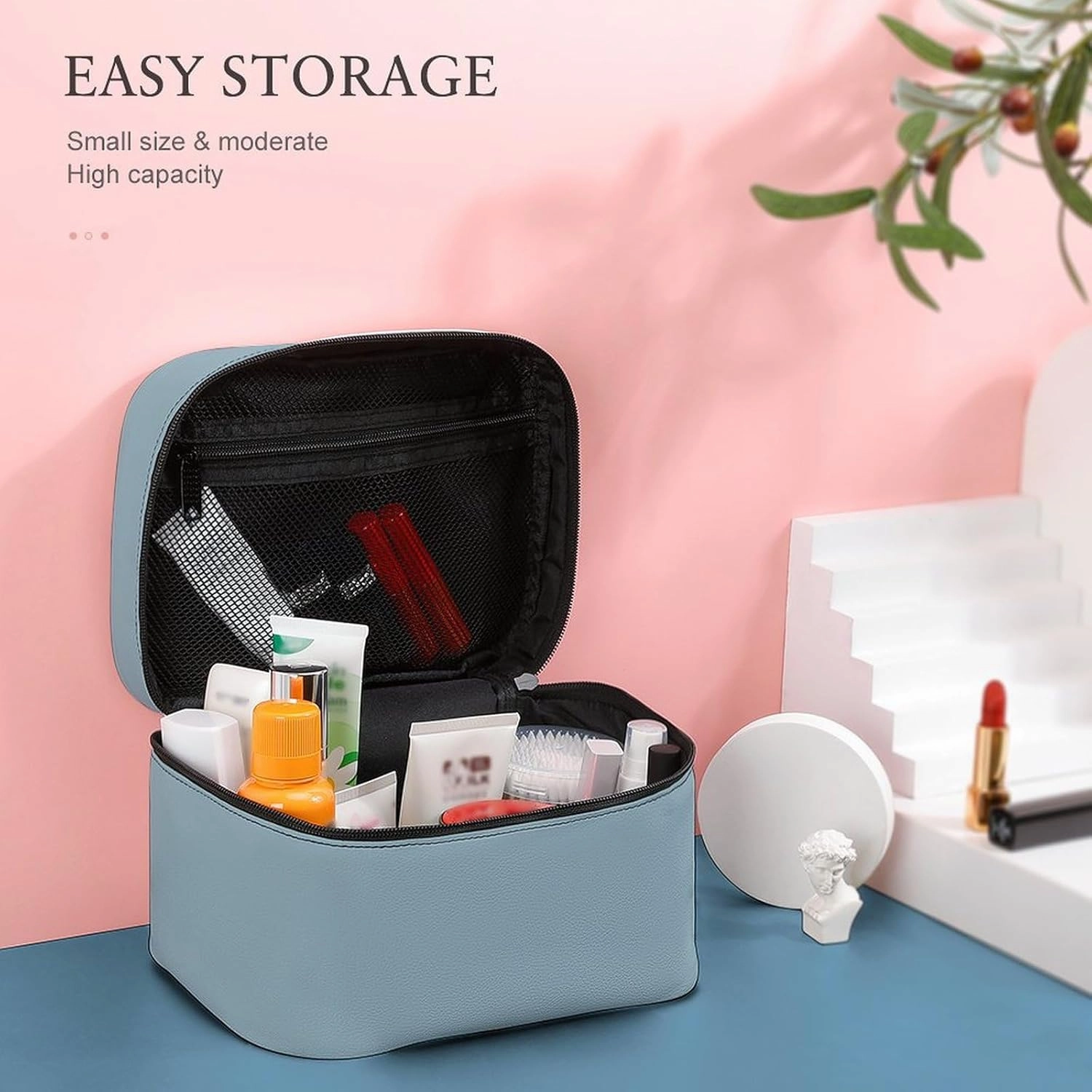 Travel Makeup Bag, Simple Blue Color Cosmetic Bags for Women Large Capacity Waterproof Toiletry Bag Make up Organizer