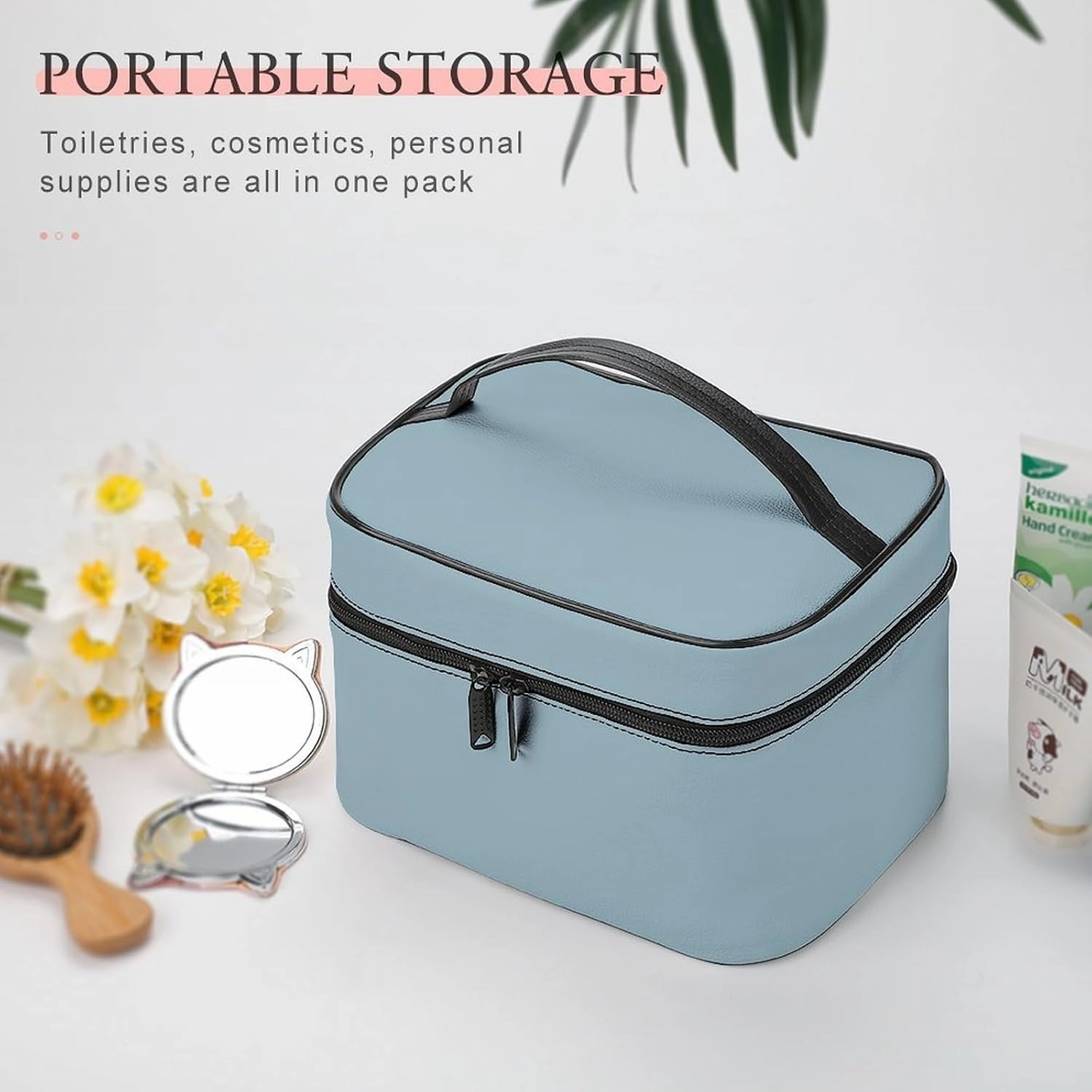Travel Makeup Bag, Simple Blue Color Cosmetic Bags for Women Large Capacity Waterproof Toiletry Bag Make up Organizer