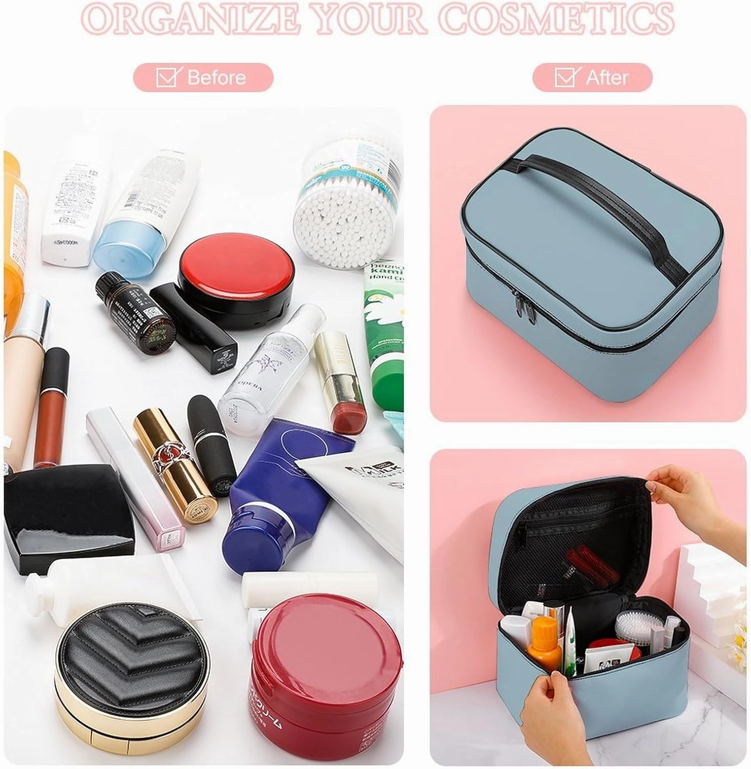 Travel Makeup Bag, Simple Blue Color Cosmetic Bags for Women Large Capacity Waterproof Toiletry Bag Make up Organizer