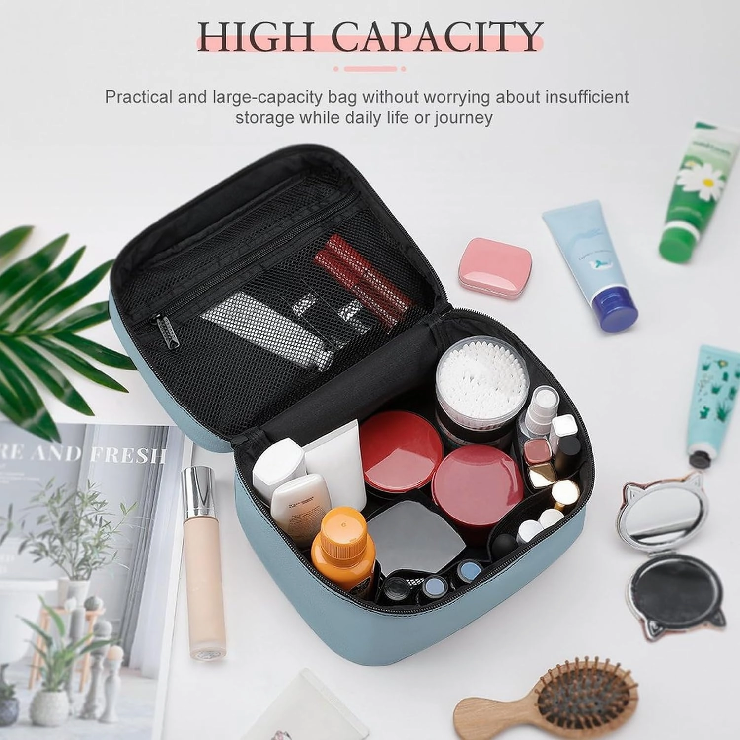 Travel Makeup Bag, Simple Blue Color Cosmetic Bags for Women Large Capacity Waterproof Toiletry Bag Make up Organizer