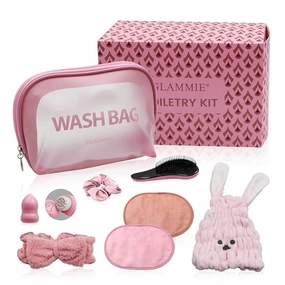 Travel set with Makeup Bag, Hair Drying Towel, Facial Scrubber, Makeup Remover Wash Cloths, Hair brush, Face Wash Headband, Satin Scrunchies, this set is women's makeup, hair care, fitness...