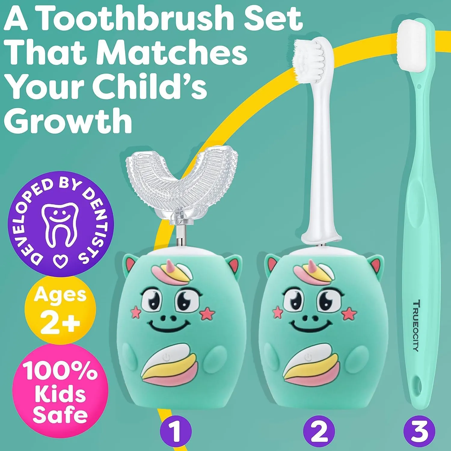 Trueocity Kids U-Shape Electric Toothbrush, Automatic, Turquoise, 2-10 Years, Unisex, Reusable, Musical, Unicorn Theme (Turquoise)