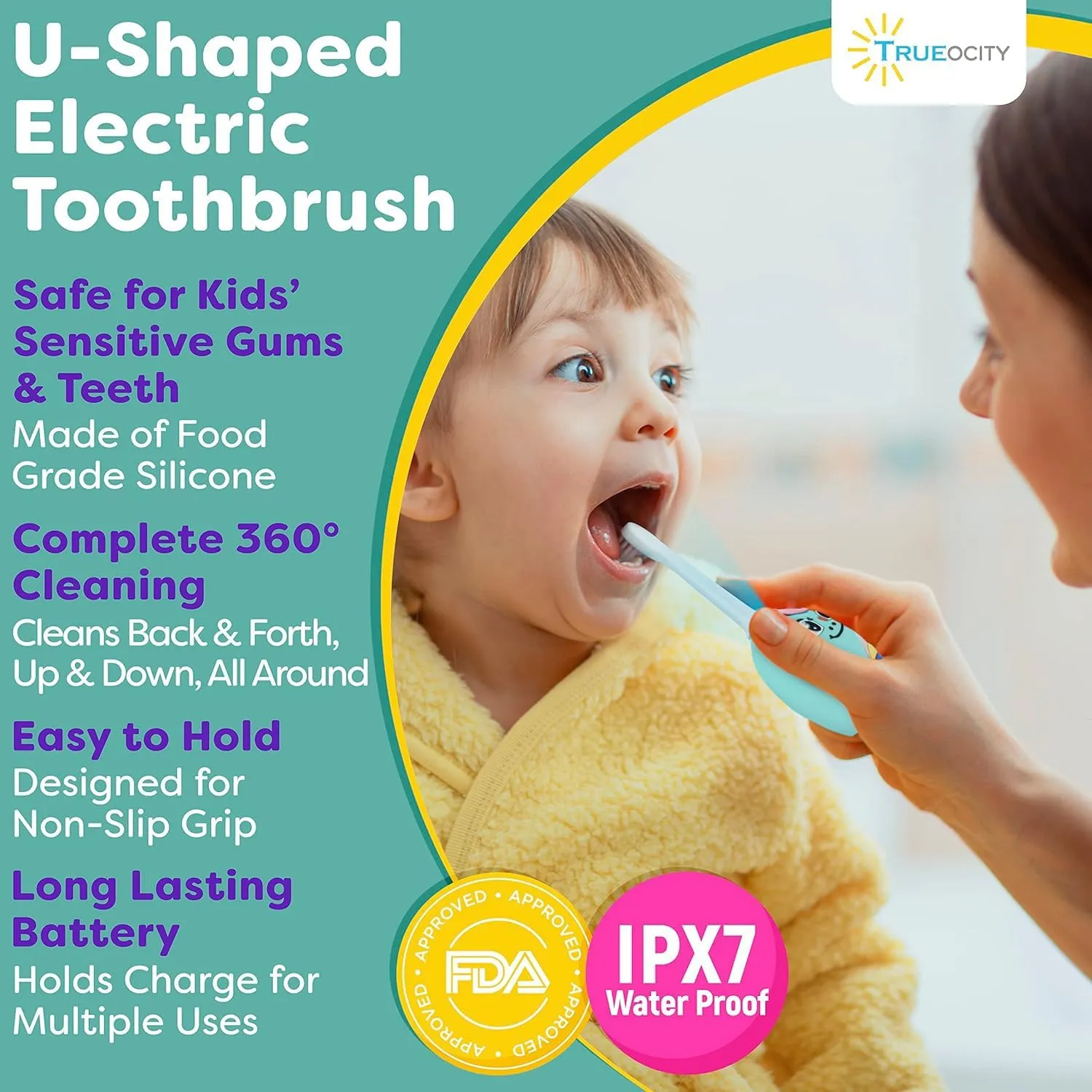 Trueocity Kids U-Shape Electric Toothbrush, Automatic, Turquoise, 2-10 Years, Unisex, Reusable, Musical, Unicorn Theme (Turquoise)