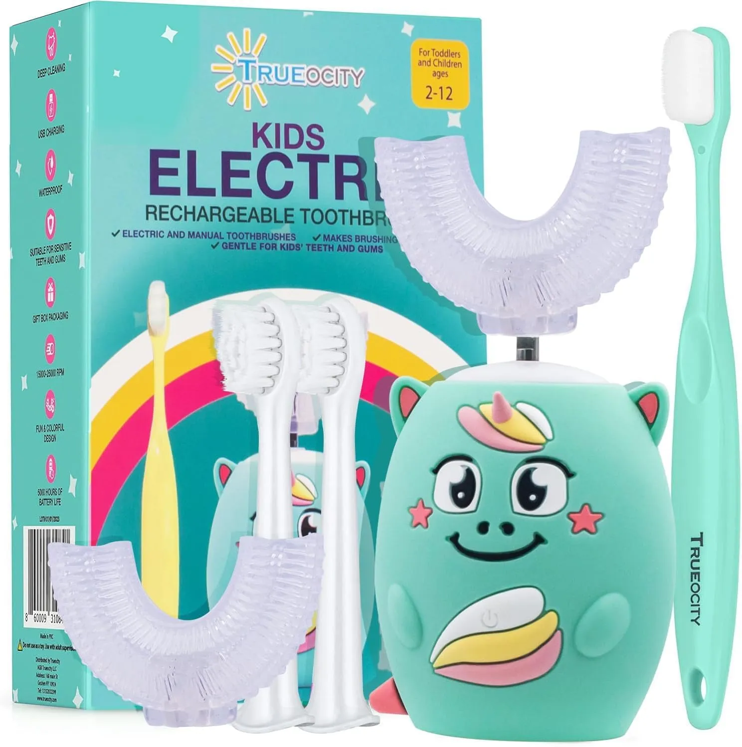 Trueocity Kids U-Shape Electric Toothbrush, Automatic, Turquoise, 2-10 Years, Unisex, Reusable, Musical, Unicorn Theme (Turquoise)