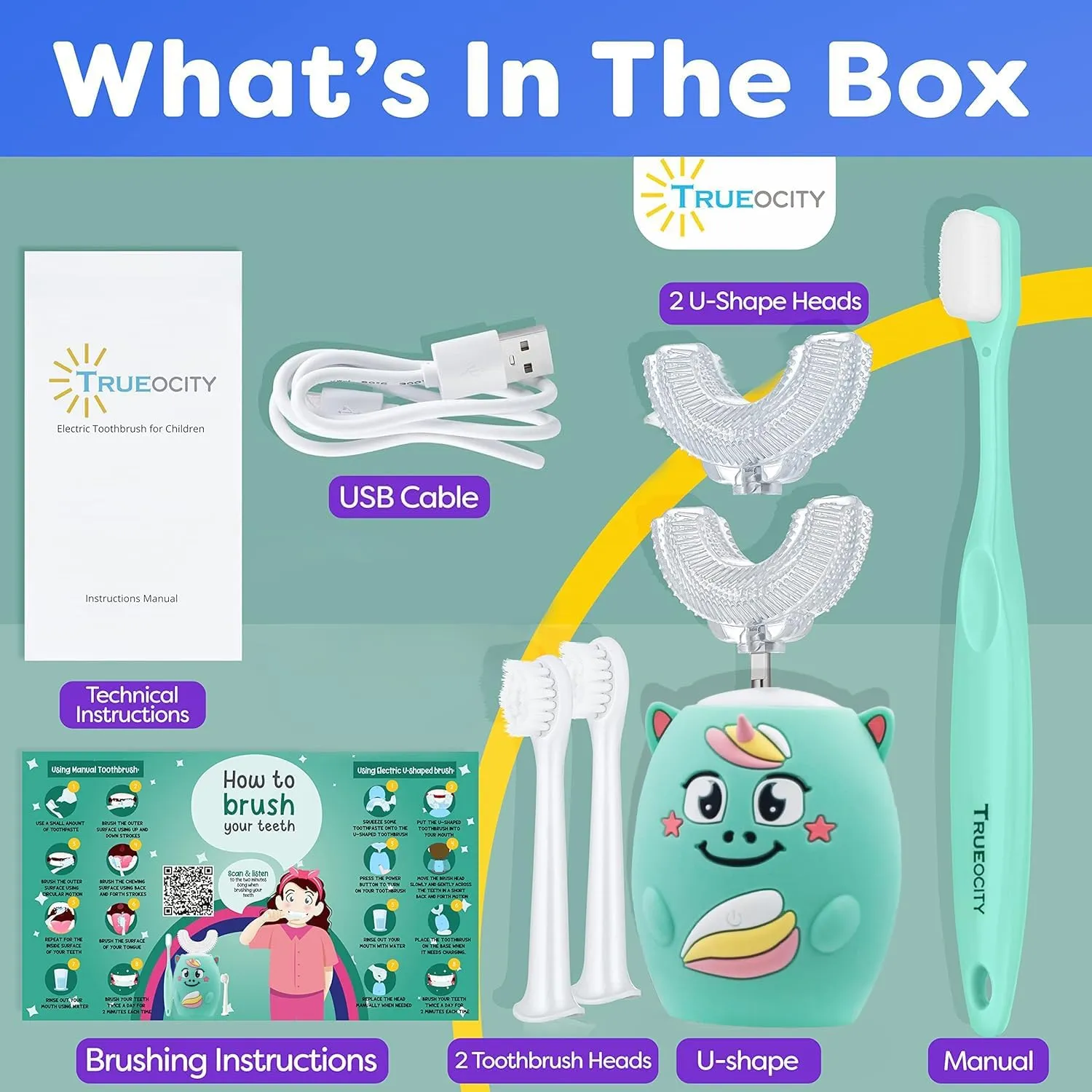 Trueocity Kids U-Shape Electric Toothbrush, Automatic, Turquoise, 2-10 Years, Unisex, Reusable, Musical, Unicorn Theme (Turquoise)