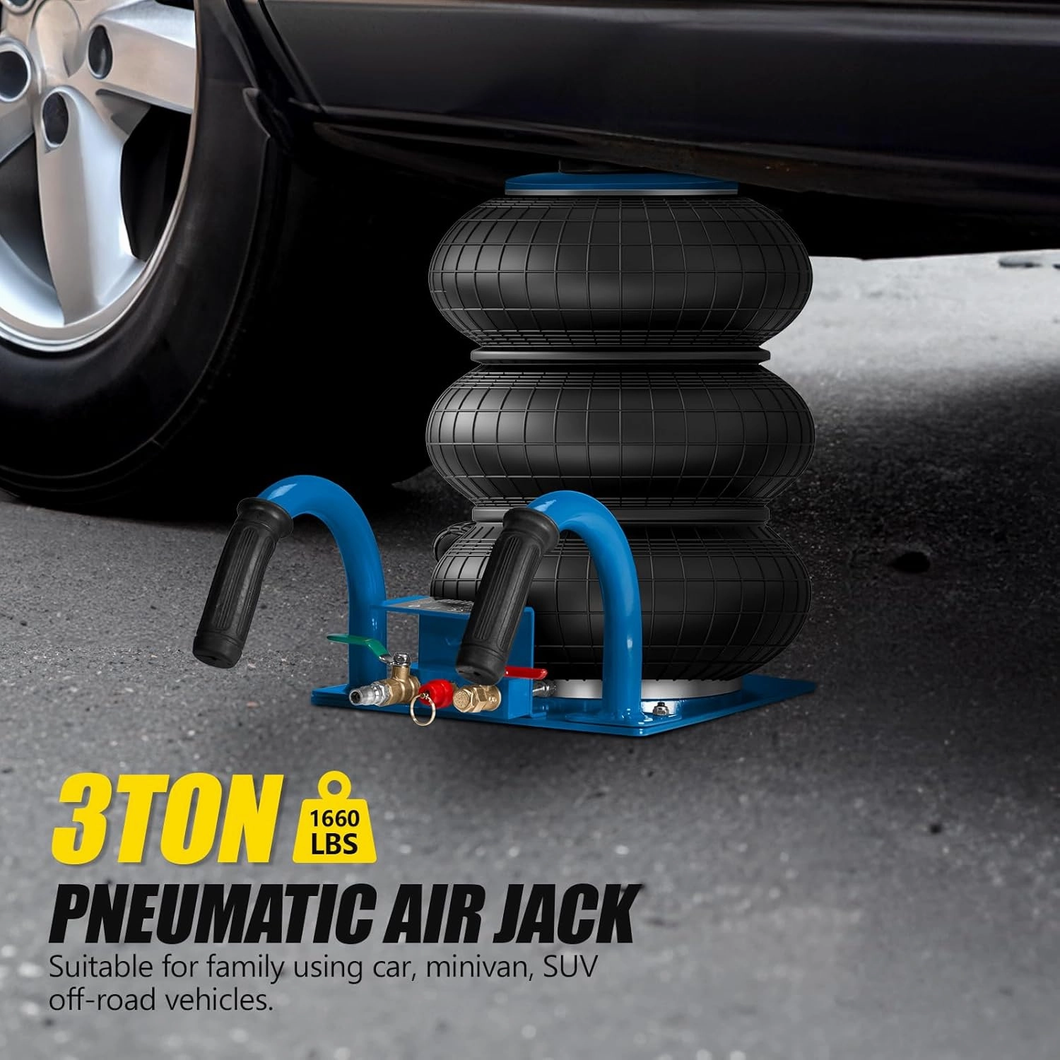 TUFFIOM Air Jack, 3 Ton/6600 LBS Pneumatic Jack, Triple Air Bag Jack Lift, Fast Lifting Air Jacks w/Short Handle for Cars Lifting Repair, Heavy Duty Air Jacks Lift Up to 15.75 Inch, Blue