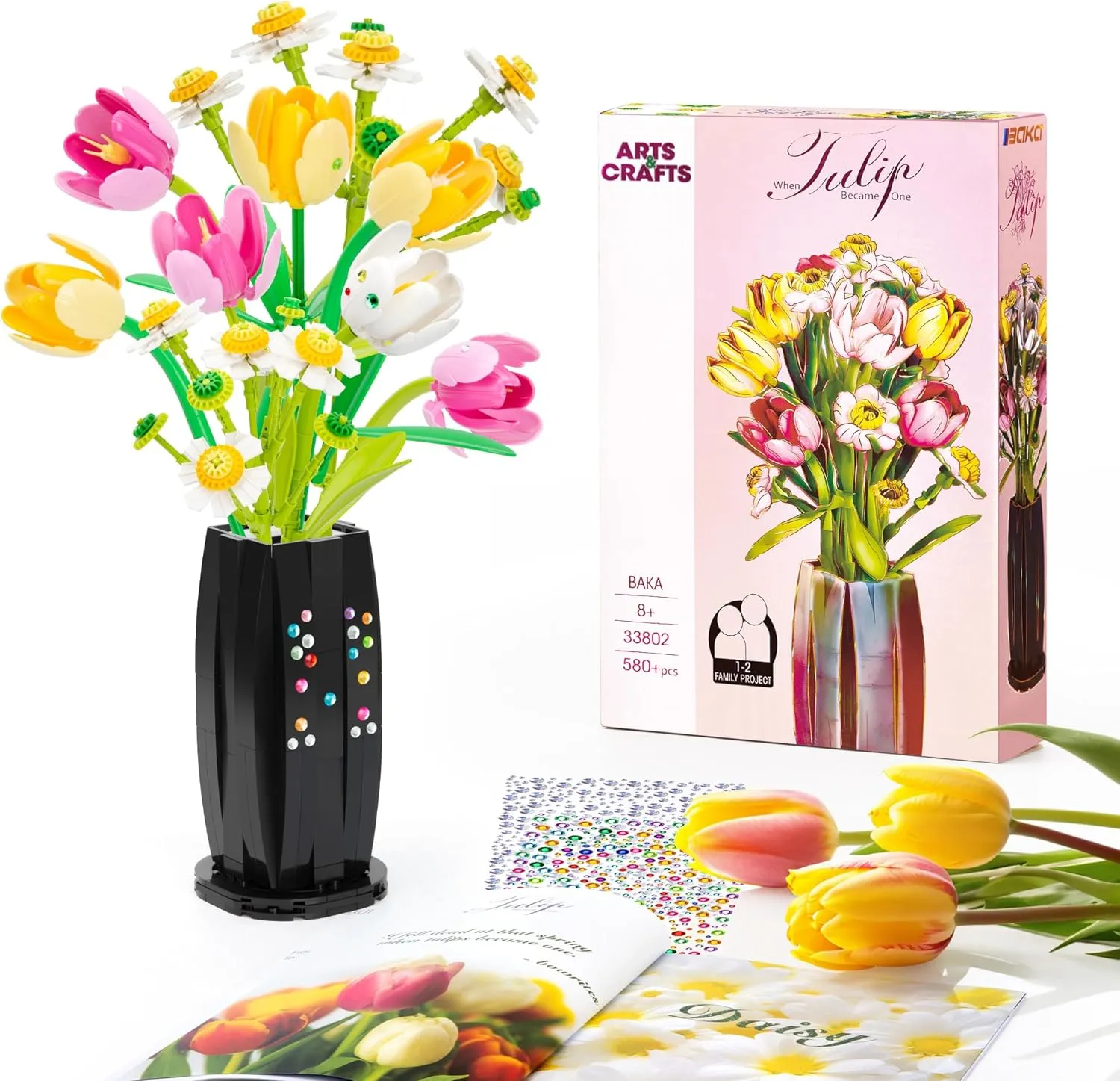 Tulips Flowers Bouquet Building Set - Artificial Flowers with Vase & Daisy - Botanical Collection & Art for Adults and Kids, Home Decor Gift for Her, Him, and Mothers -580pcs