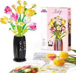 Tulips Flowers Bouquet Building Set - Artificial Flowers with Vase & Daisy - Botanical Collection & Art for Adults and Kids, Home Decor Gift for Her, Him, and Mothers -580pcs