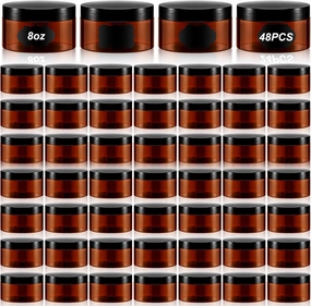 Uiifan 48 Pcs 8 oz Plastic Cosmetic Jars with Lids and Labels Empty Refillable Cosmetic Leak Proof Containers Lotion Jars for Cream Body Butters Powder Ointment Lip Scrub (Amber)
