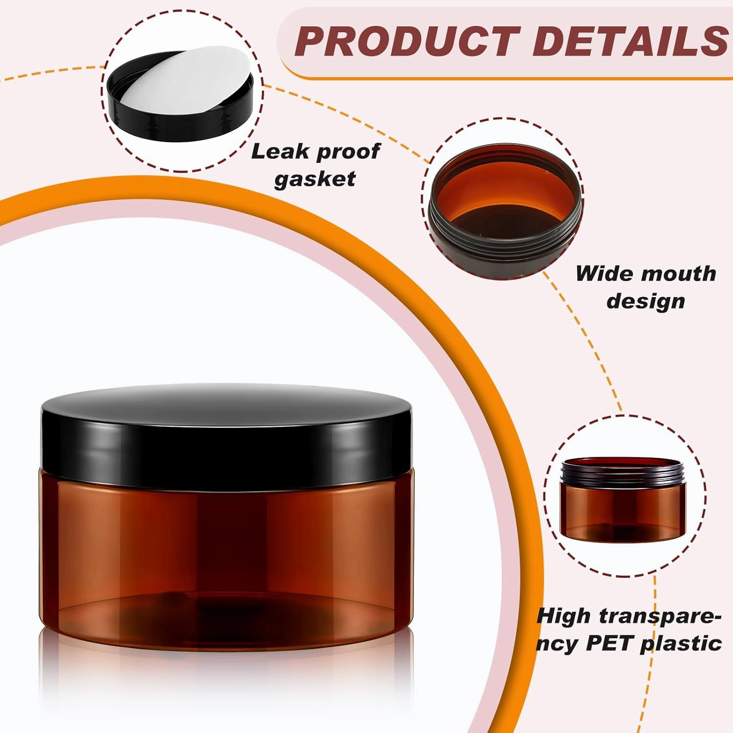 Uiifan 48 Pcs 8 oz Plastic Cosmetic Jars with Lids and Labels Empty Refillable Cosmetic Leak Proof Containers Lotion Jars for Cream Body Butters Powder Ointment Lip Scrub (Amber)