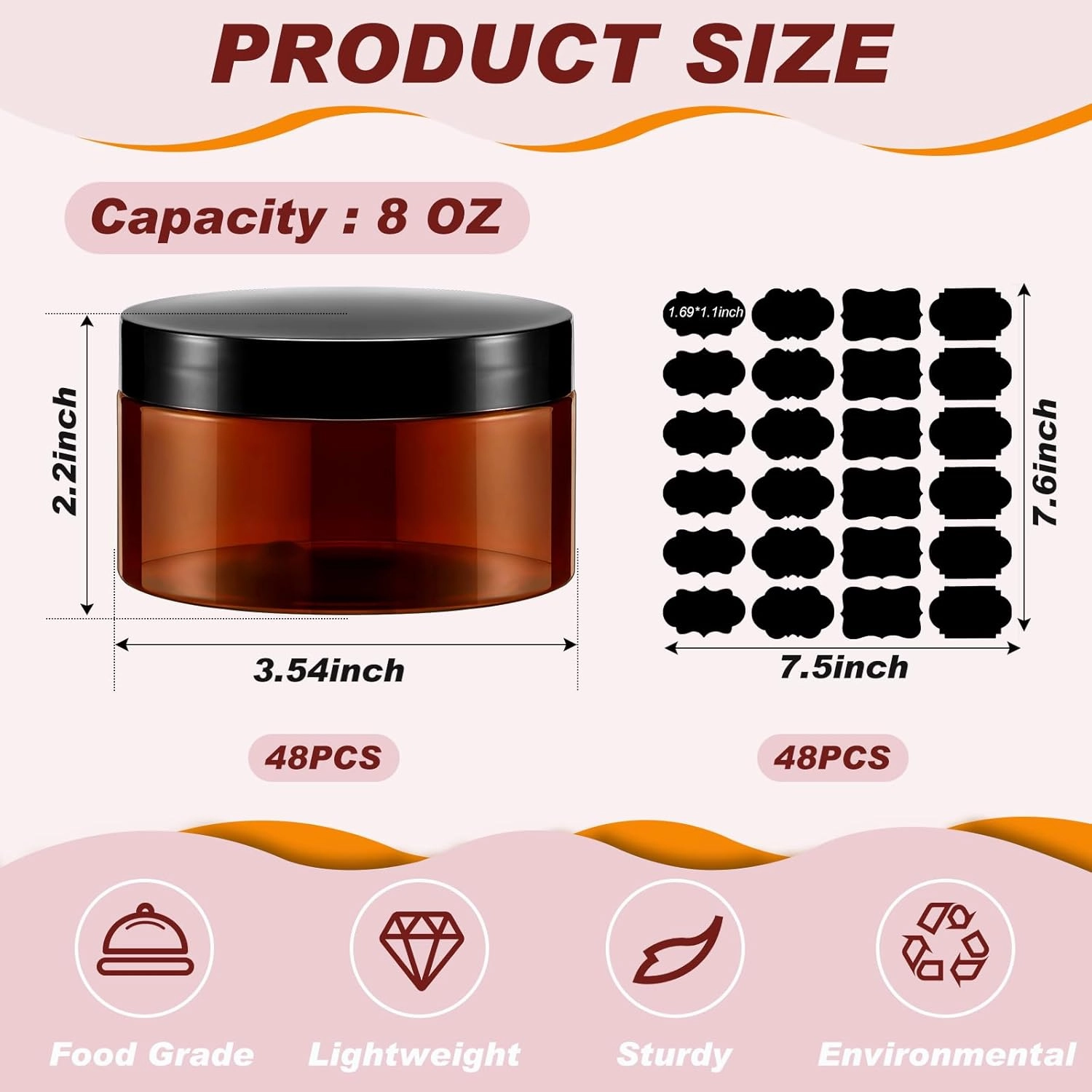 Uiifan 48 Pcs 8 oz Plastic Cosmetic Jars with Lids and Labels Empty Refillable Cosmetic Leak Proof Containers Lotion Jars for Cream Body Butters Powder Ointment Lip Scrub (Amber)