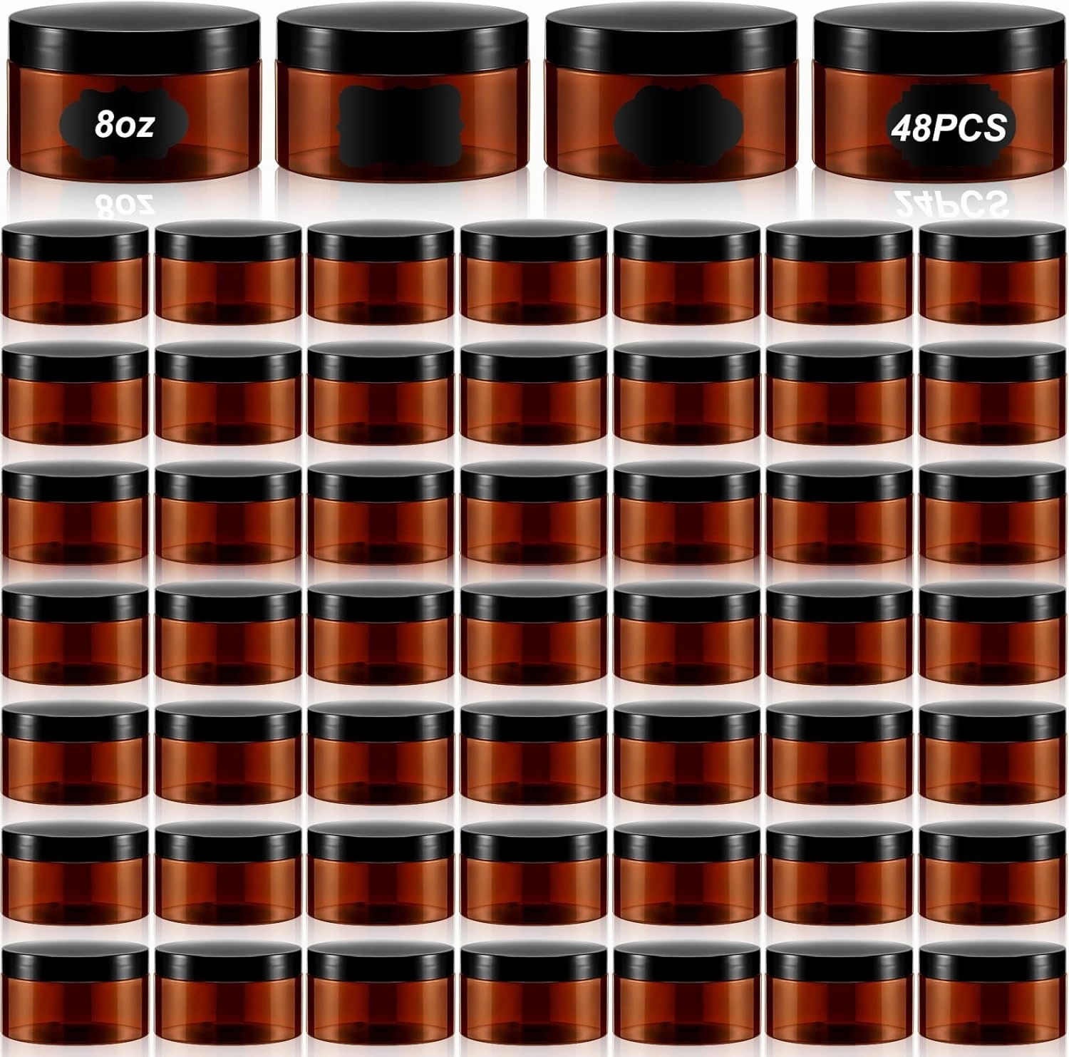 Uiifan 48 Pcs 8 oz Plastic Cosmetic Jars with Lids and Labels Empty Refillable Cosmetic Leak Proof Containers Lotion Jars for Cream Body Butters Powder Ointment Lip Scrub (Amber)