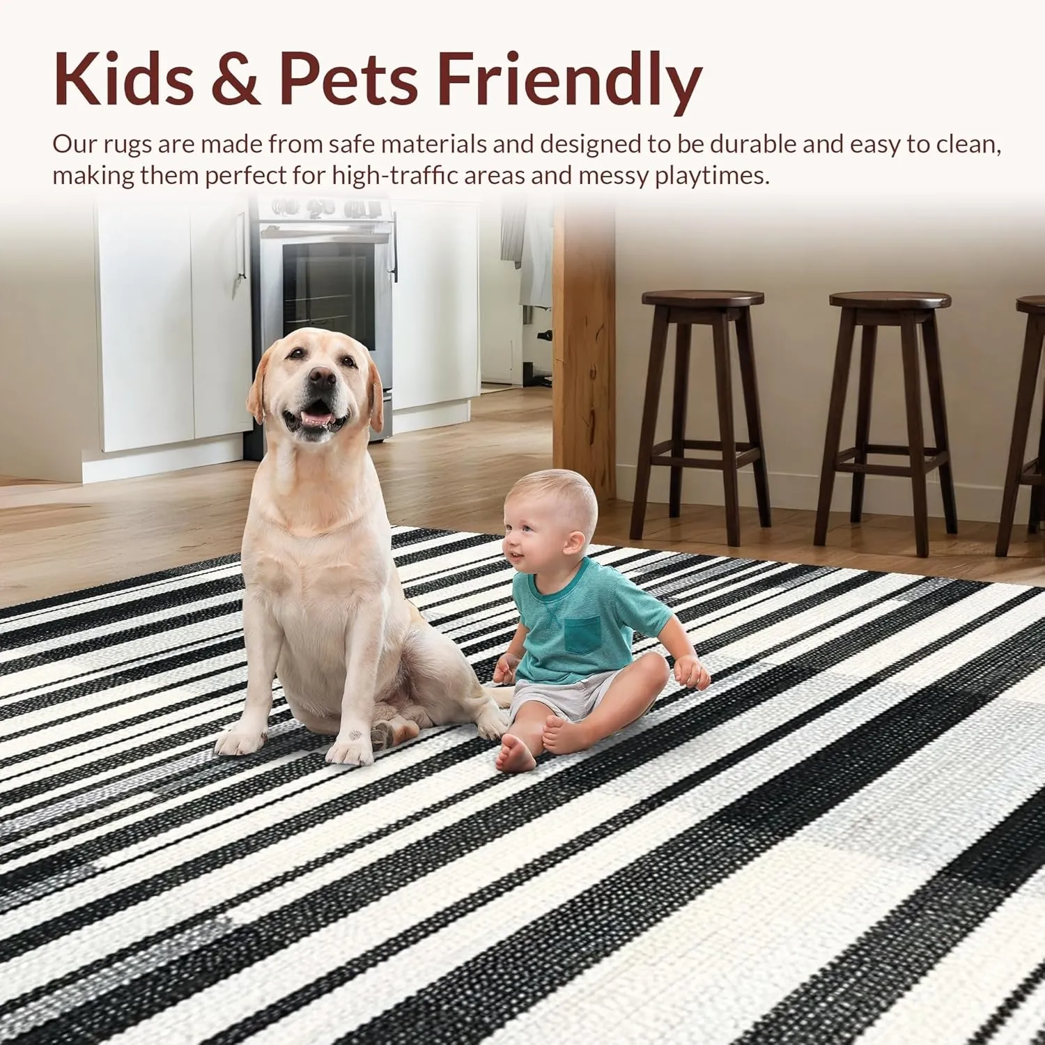 Ultra Soft Area Rug 6x9, Non Slip, Stain Resistant, Washable Area Rugs for Living Room, Bedroom, Classic Striped Harmony Rug Featuring Graphic Bands and Crisp Edge Detailing (Black, 6x9)