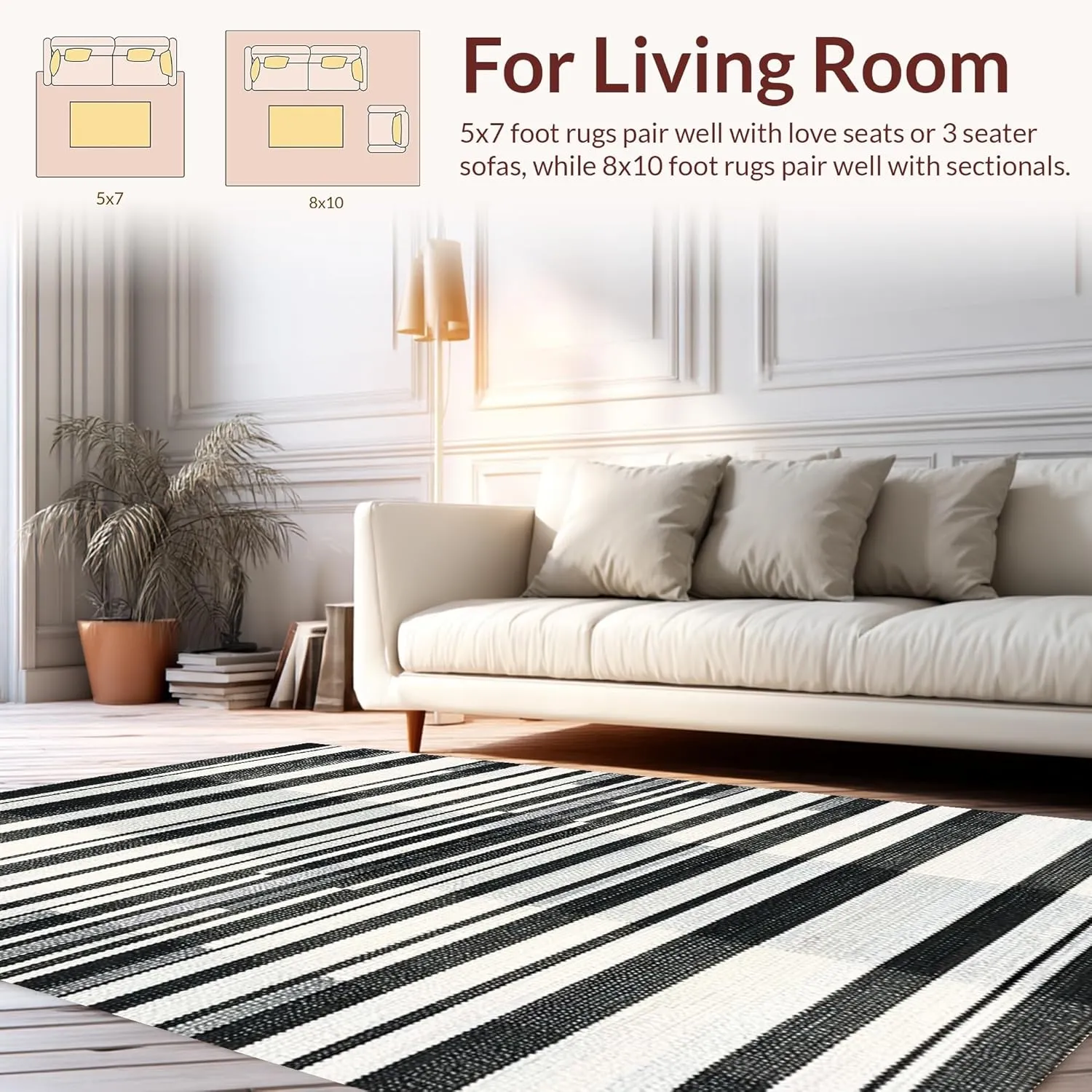 Ultra Soft Area Rug 6x9, Non Slip, Stain Resistant, Washable Area Rugs for Living Room, Bedroom, Classic Striped Harmony Rug Featuring Graphic Bands and Crisp Edge Detailing (Black, 6x9)