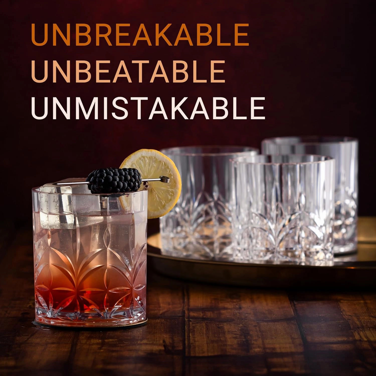 Unbreakable Plastic Whiskey Glasses | Shatterproof 100% Tritan Double Rocks | Dishwasher-Safe | BPA-free | Perfect for Outdoor Cocktail Bourbon | 13 oz, Set of 4