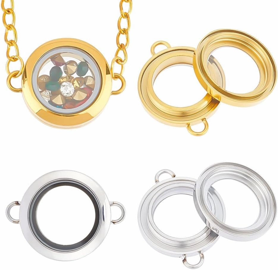 UNICRAFTALE 2 pcs 2 Colors Glass Photo Charms Round Floating Lockets Connector Charms 24.5x6mm Memory Locket Links Titanium Steel Pendants Bridal Wedding Bouquet Charms for Jewelry Making