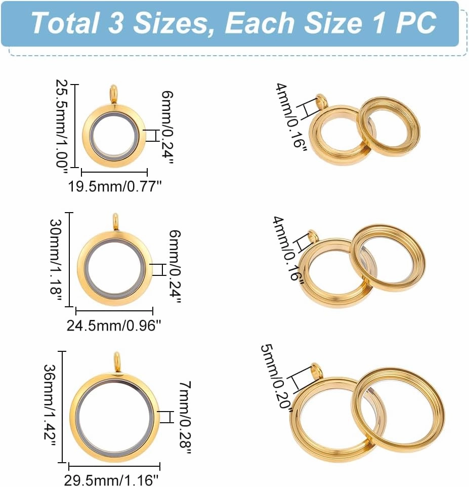 UNICRAFTALE 3 pcs 3 Size Memory Locket Pendants Glass Photo Charms