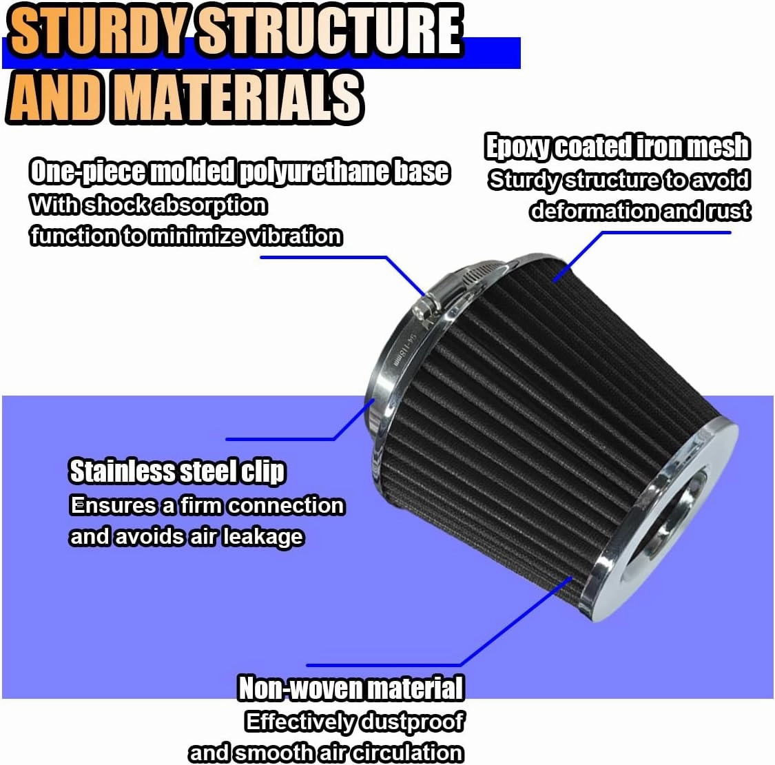 Universal Clamp-On Air Intake Filter, High Flow Closed-Top Cool Air Filter Cleaner, 76 89 102MM Performance Round Tapered Cone Air Filters, Premium Washable Replacement Filter for Car Truck (Black)