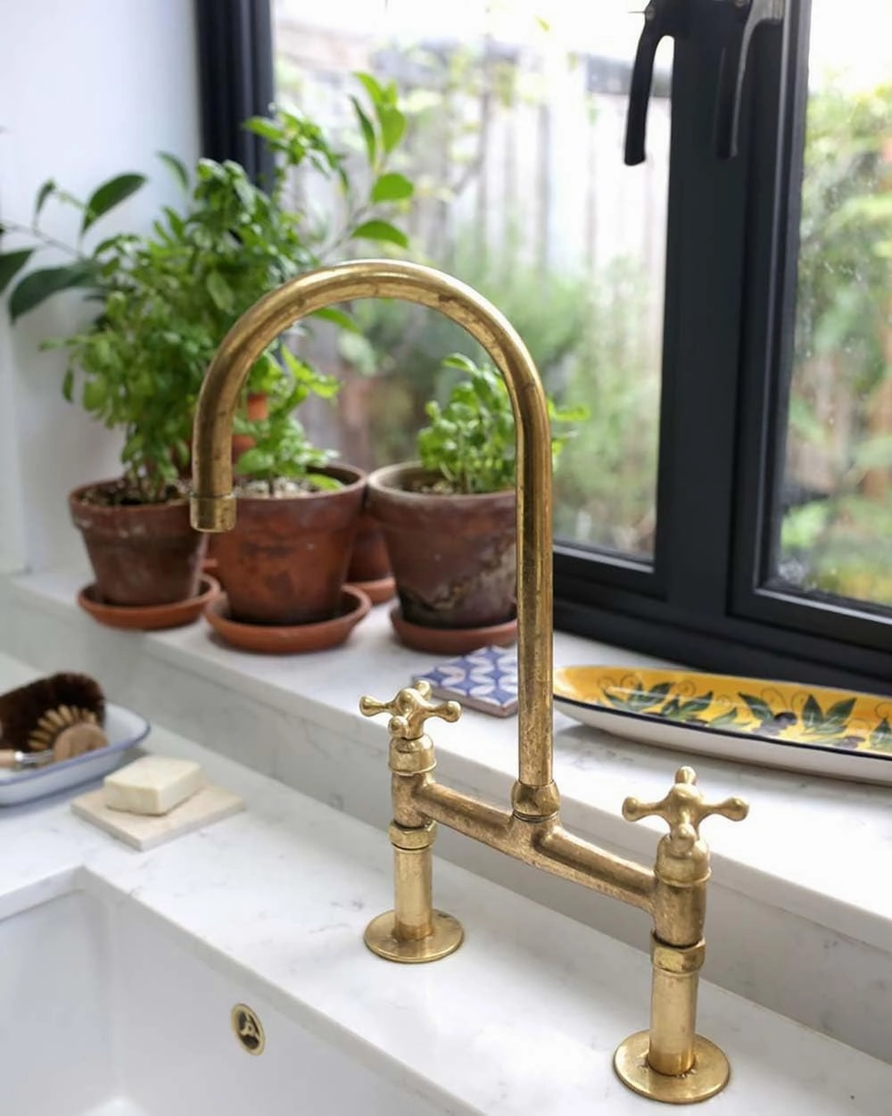 Unlacquered Brass Bridge Faucet, Unlacquered Brass Bridge Faucet with Sprayer (8 inches, With Sprayer)