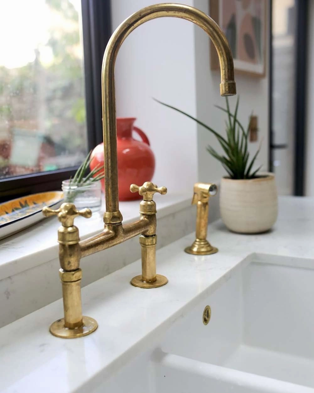 Unlacquered Brass Bridge Faucet, Unlacquered Brass Bridge Faucet with Sprayer (8 inches, With Sprayer)